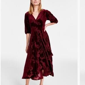 Calvin Klein Burgundy Burnout Floral Velvet Surplice Wrap Midi Dress NWT Size 4